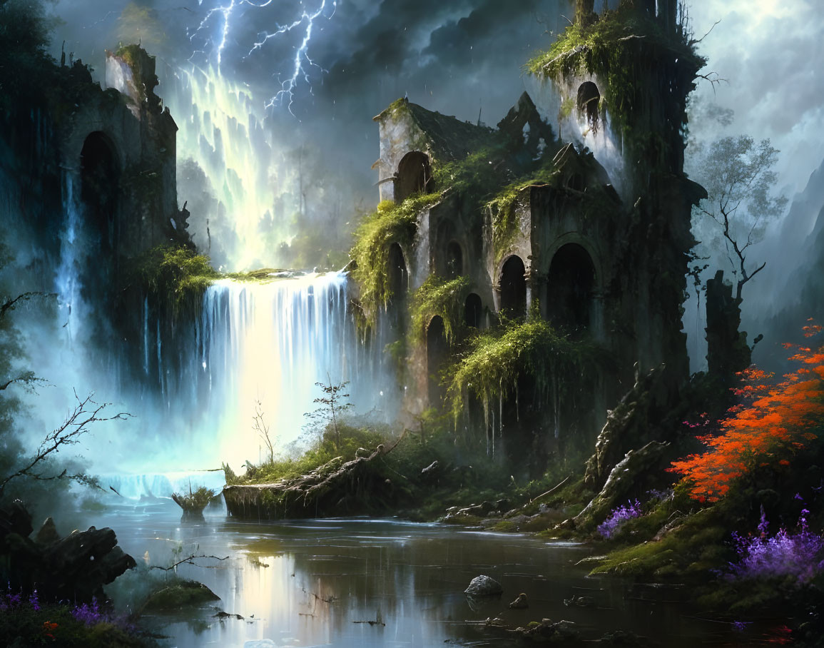 Misty Landscape with Ancient Ruins, Waterfalls, and River