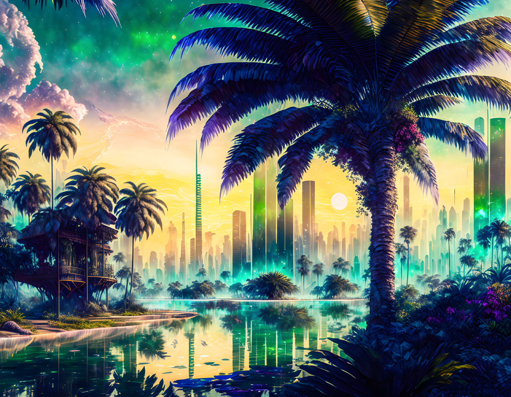 Futuristic cityscape at sunset with palm trees, lake, auroras, skyscrapers