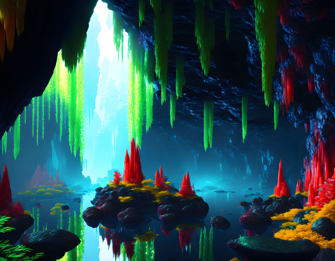 Alien cave digital art with green stalactites and red crystals