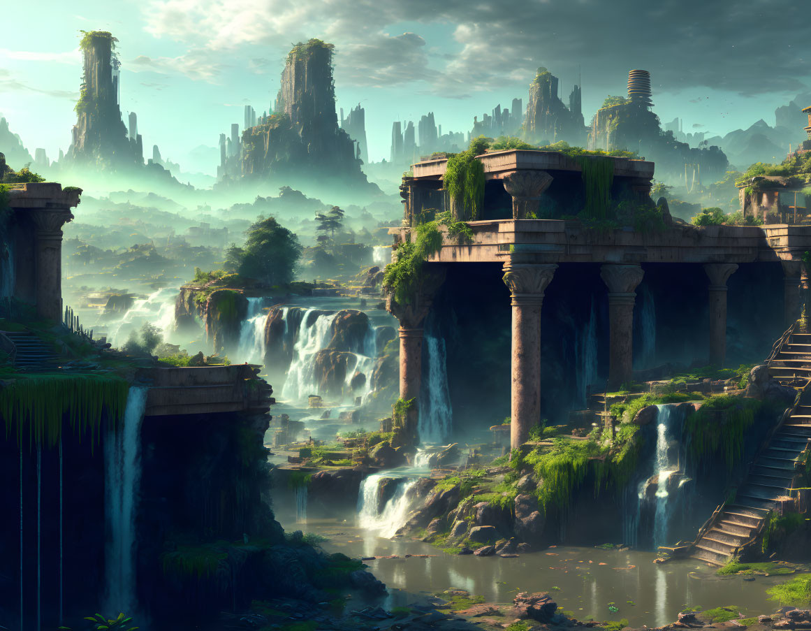 Ancient ruins with waterfalls in lush cliffs and vegetation.