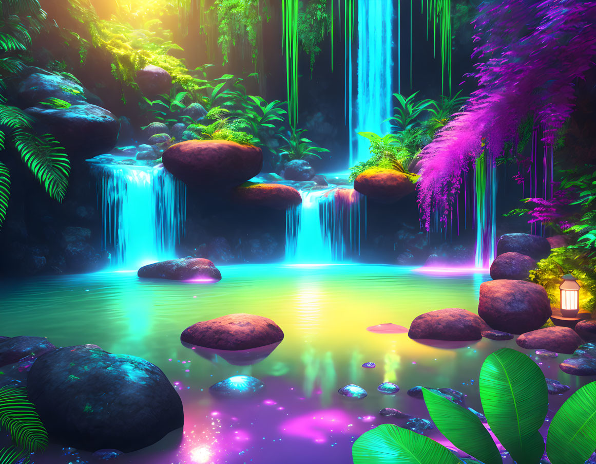 Vibrant purple and green mystical forest with glowing waterfalls and luminous pond