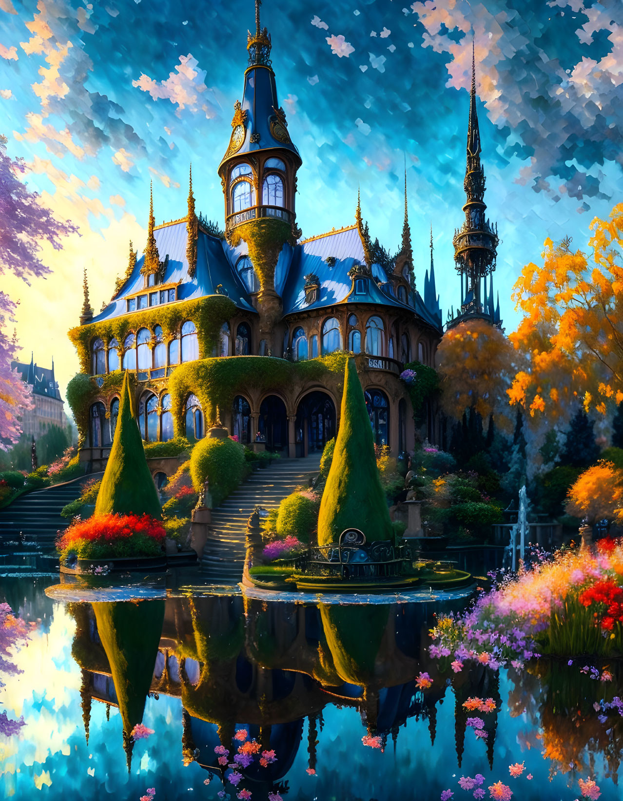 Fantastical castle with golden spires by serene pond and lush gardens