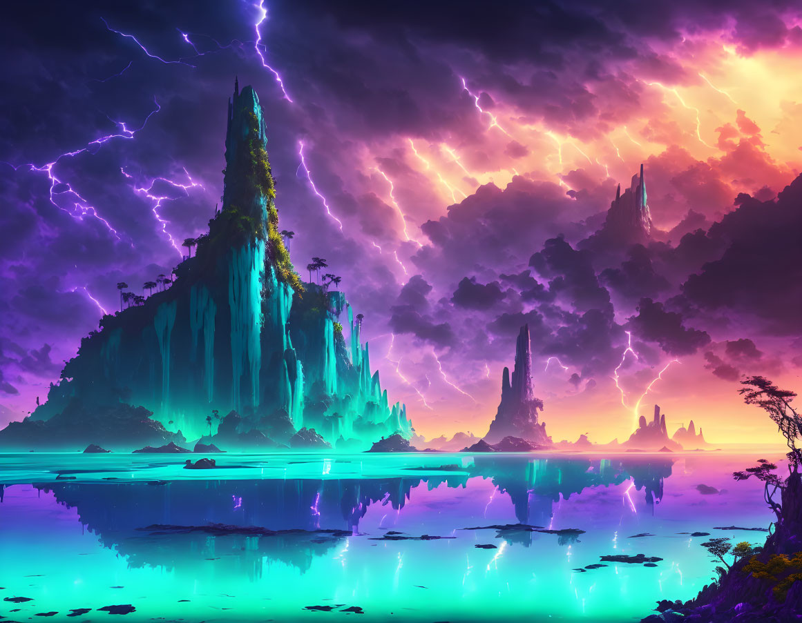 Ethereal landscape with towering spires and stormy sky