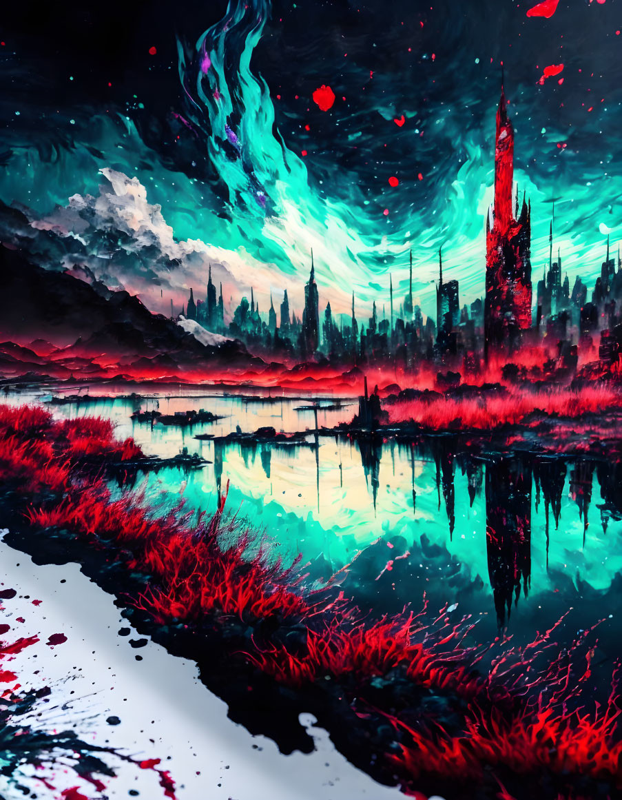 Fantastical crimson landscape with swirling sky & ominous cityscape