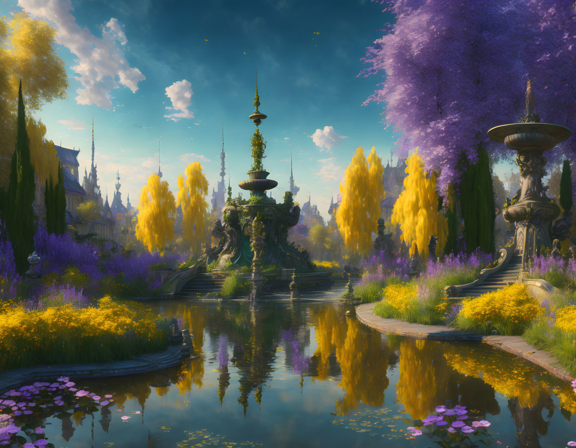 Fantasy garden with fountain, purple and yellow flora under sunlight-filtered sky