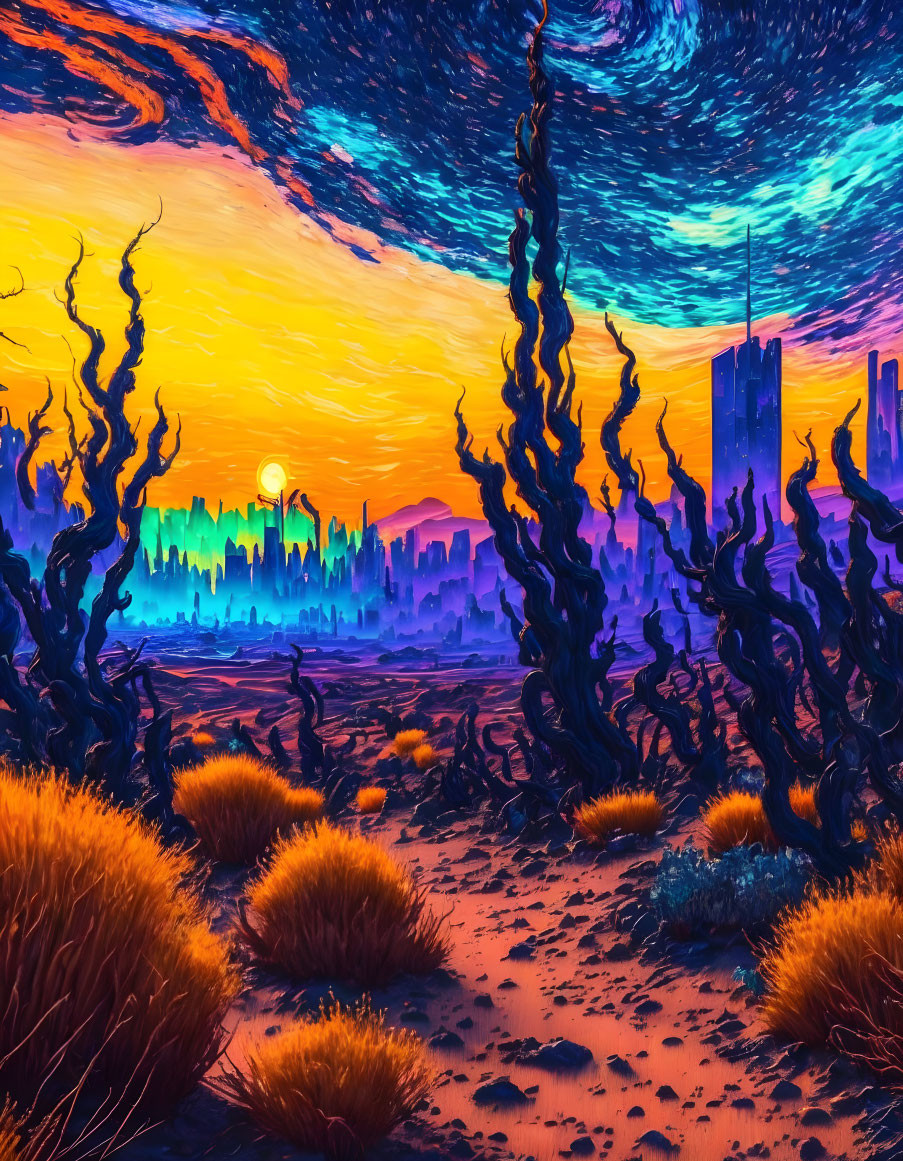 Surreal alien landscape with twisted trees and city silhouette