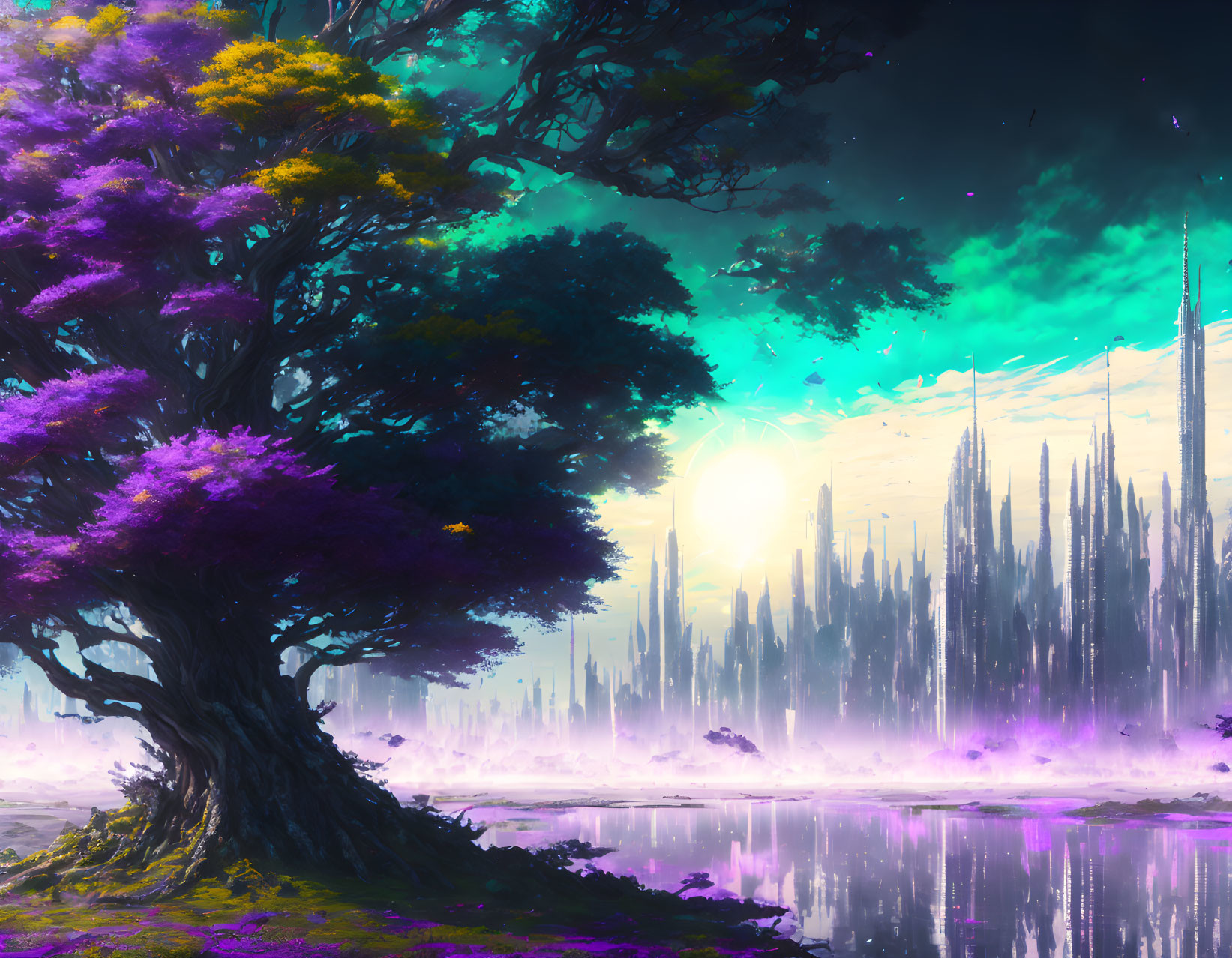 Fantasy landscape with purple foliage, reflective water, and luminous sky