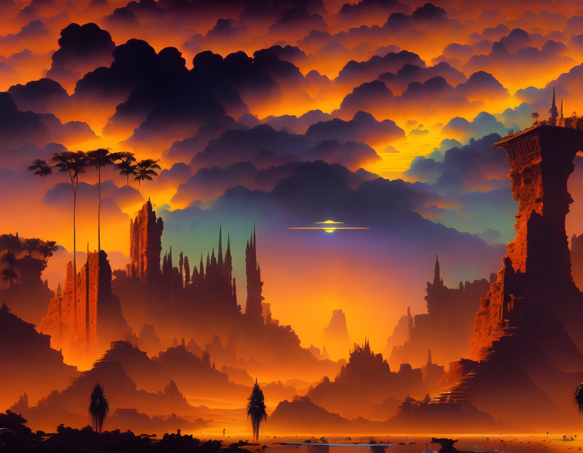 Fantastical sunset landscape with towering cliffs, exotic trees, flying craft, and orange-hued sky