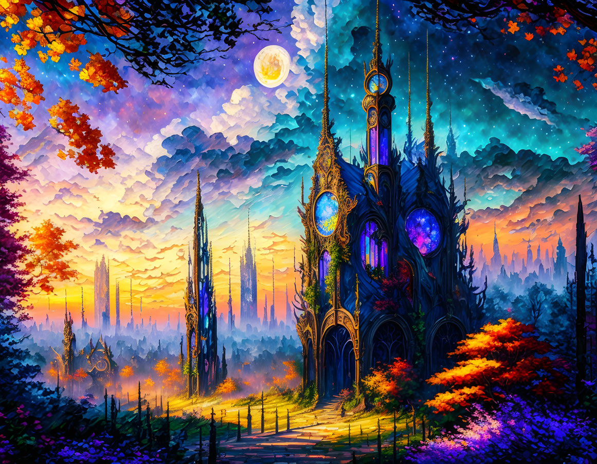 Colorful Fantasy Landscape: Ornate Gothic Castle, Starry Sky, Crescent Moon