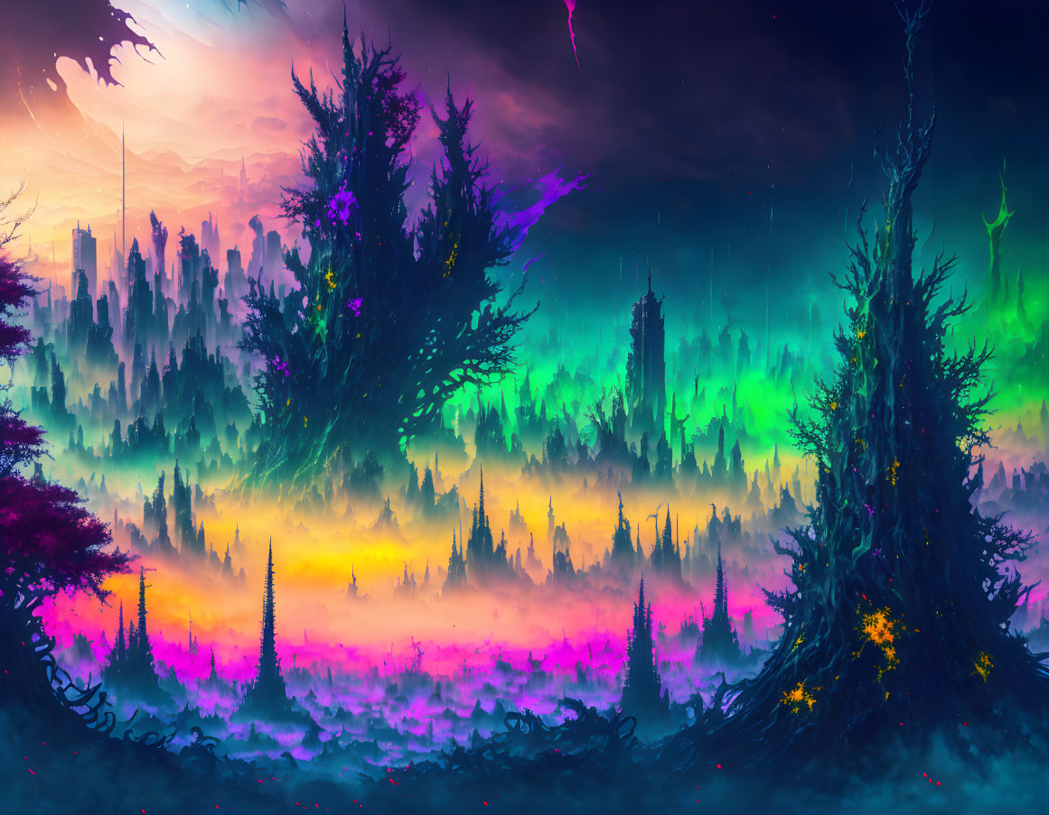 Neon-colored fantasy landscape with ethereal trees