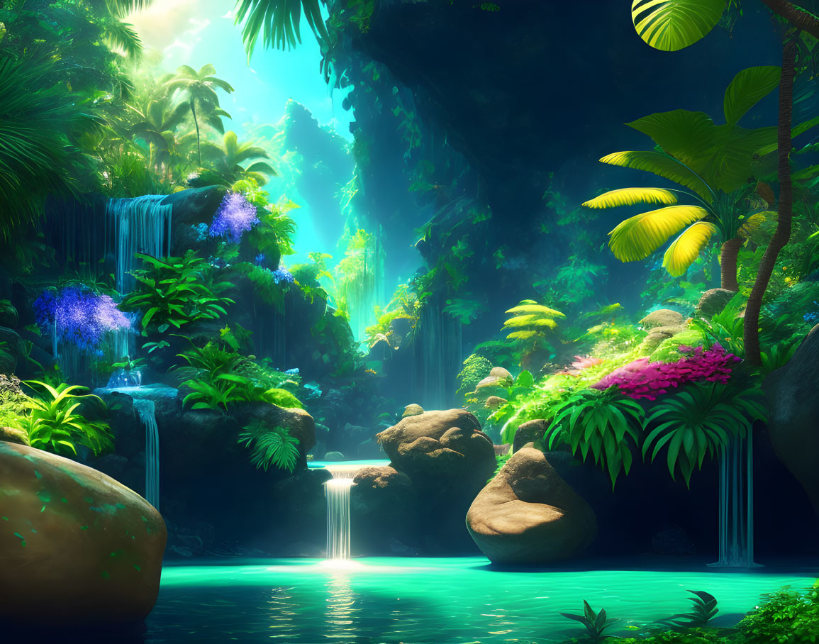 Vibrant tropical forest with waterfalls and serene pond