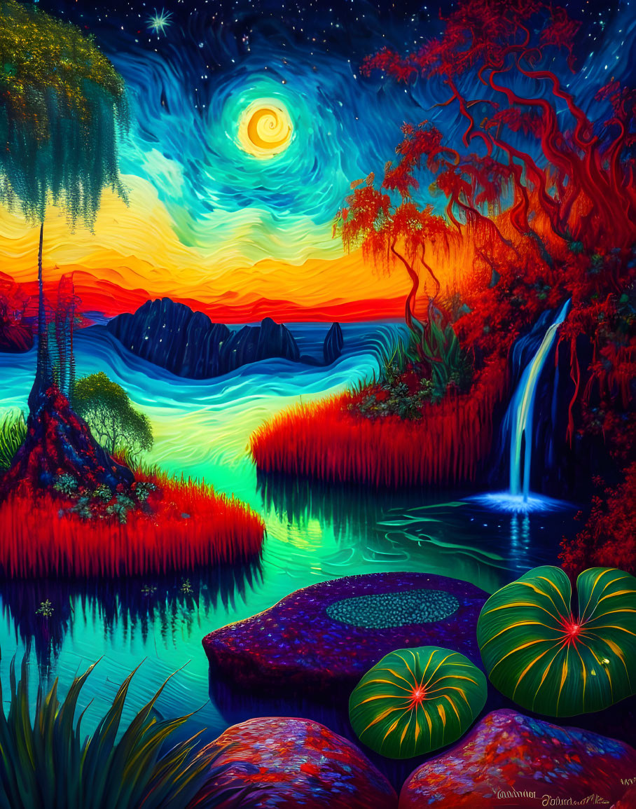 Fantastical landscape with starry sky, glowing waterfall, colorful foliage, sunset river