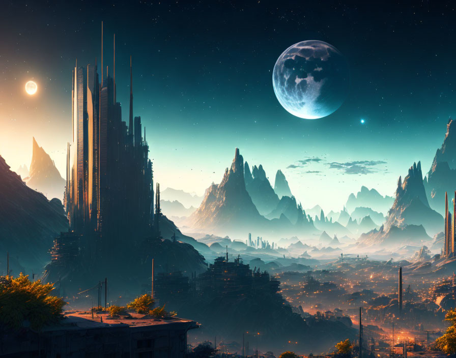 Futuristic city skyline over rugged landscape with moon and sun