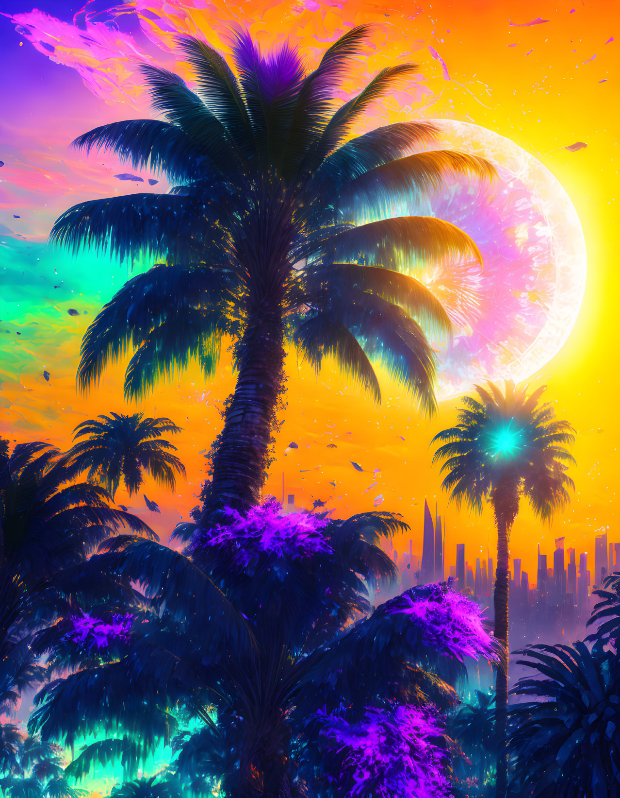 Neon digital artwork: Palm trees, moon, futuristic city skyline