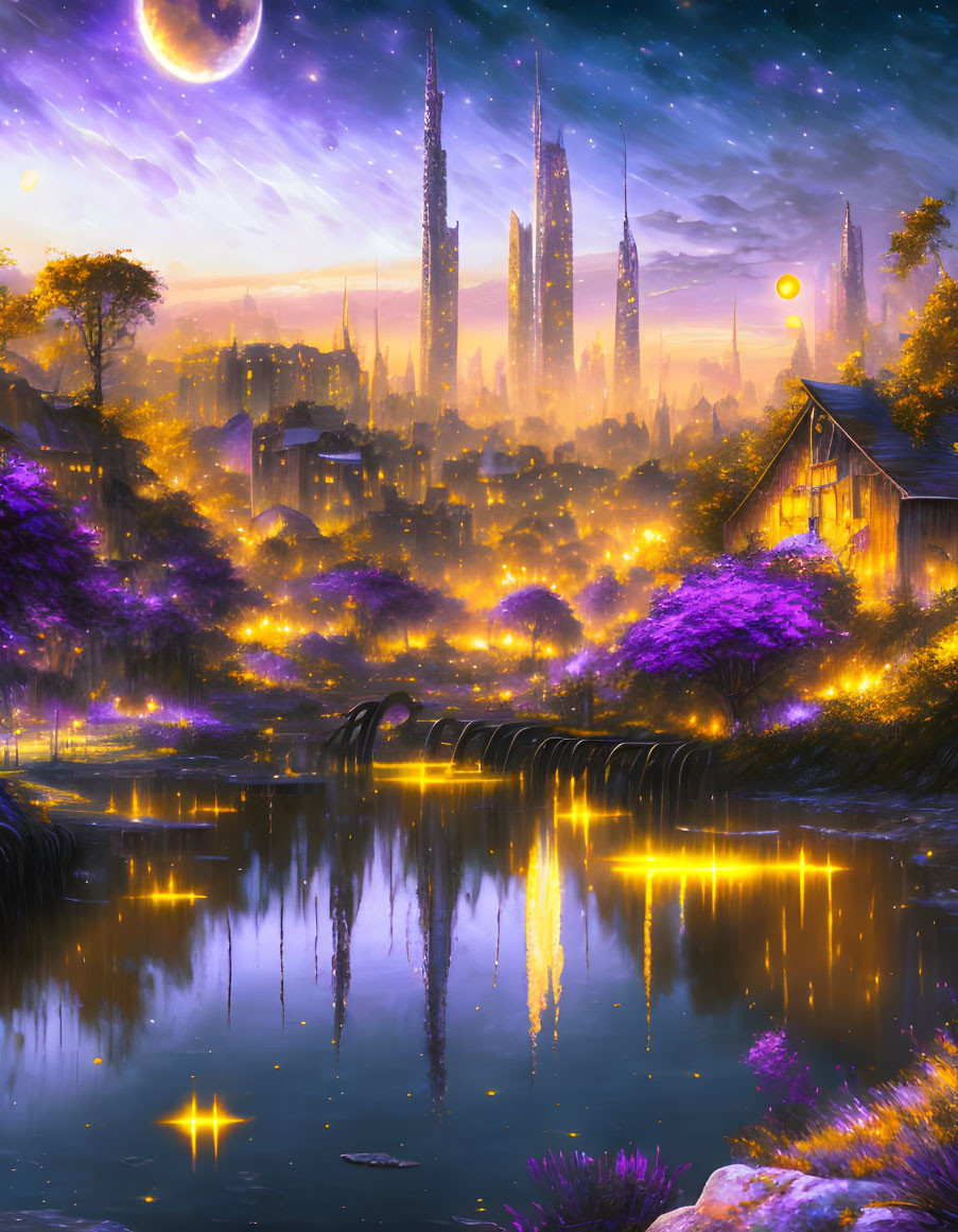 Fantasy landscape with luminous flowers, reflective pond, stone bridge, futuristic spires, starry