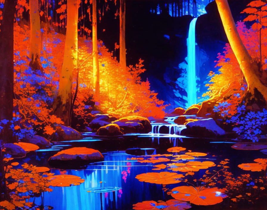 Fantasy landscape with glowing waterfall, neon river, luminescent flora, orange trees