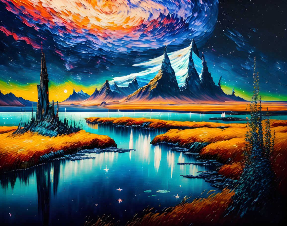 Colorful landscape painting with swirling skies and snowy mountains