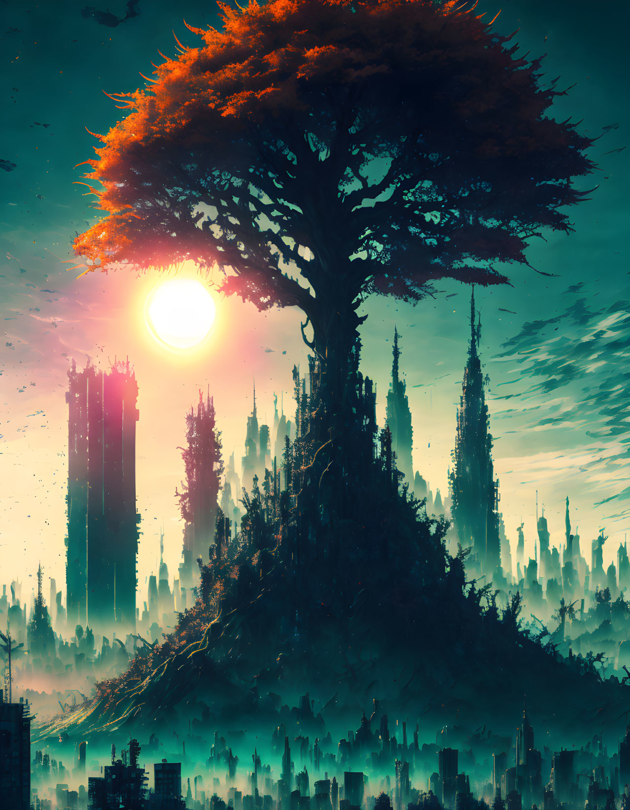 Vibrant tree on hill overlooking futuristic city at sunset