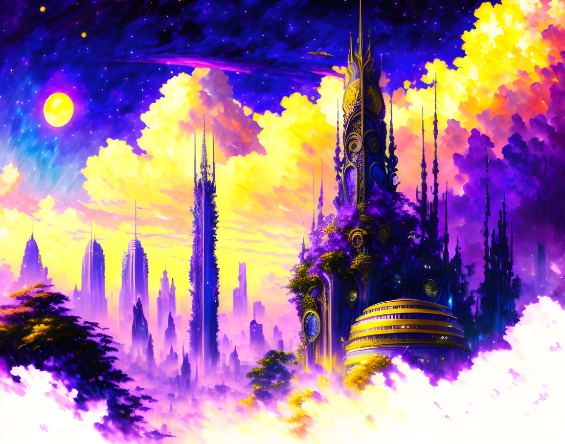 Fantasy cityscape with towering spires and starry sky in purple and gold hues