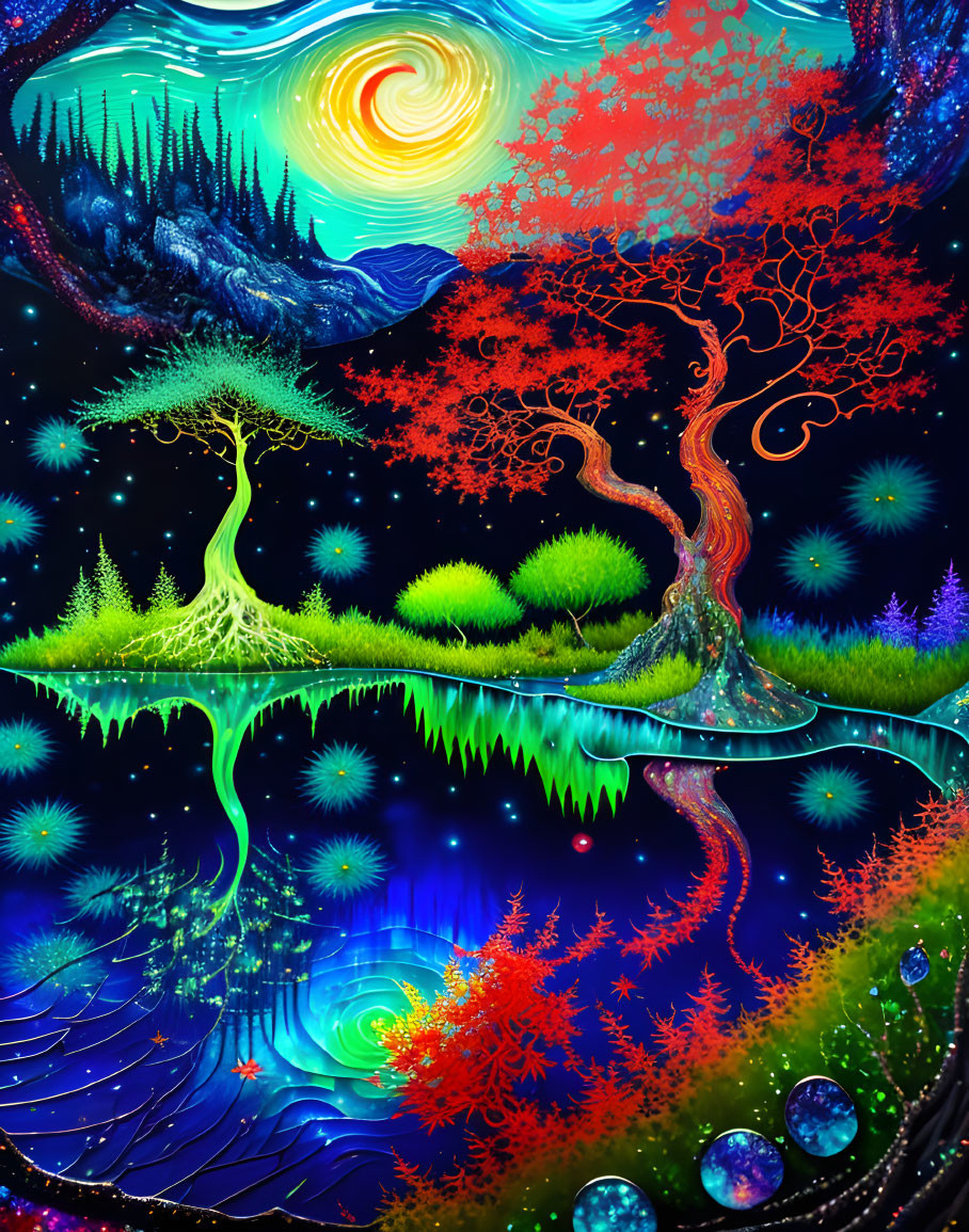 Colorful Fantasy Landscape with Starry Night Sky & Reflective Water