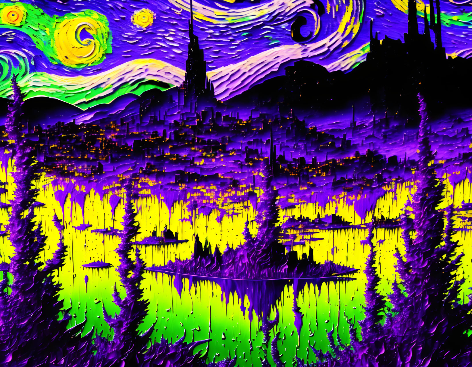 Vibrant interpretation of swirling sky with purple, green, and yellow hues