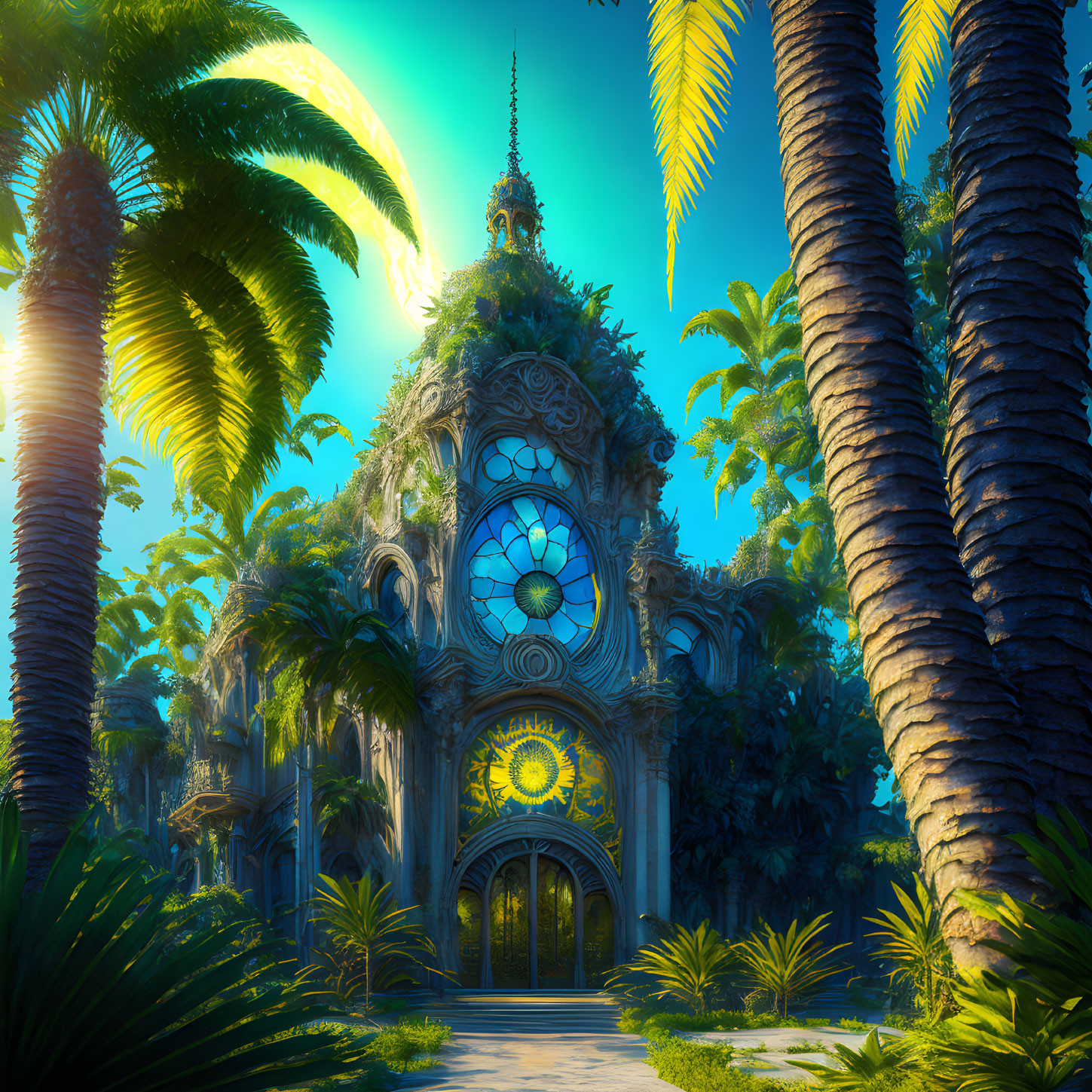 Detailed clock tower facade with palm trees in sunlight against blue sky