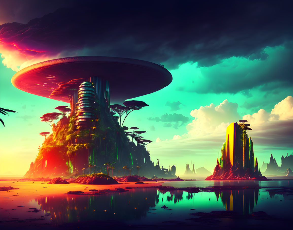 Futuristic city on floating island at sunset sky