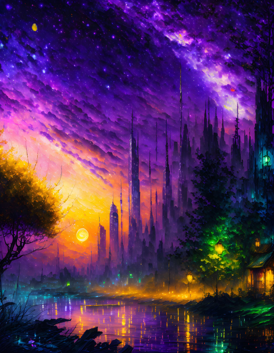 Fantasy Nocturnal Landscape with Purple Sky and Cottage