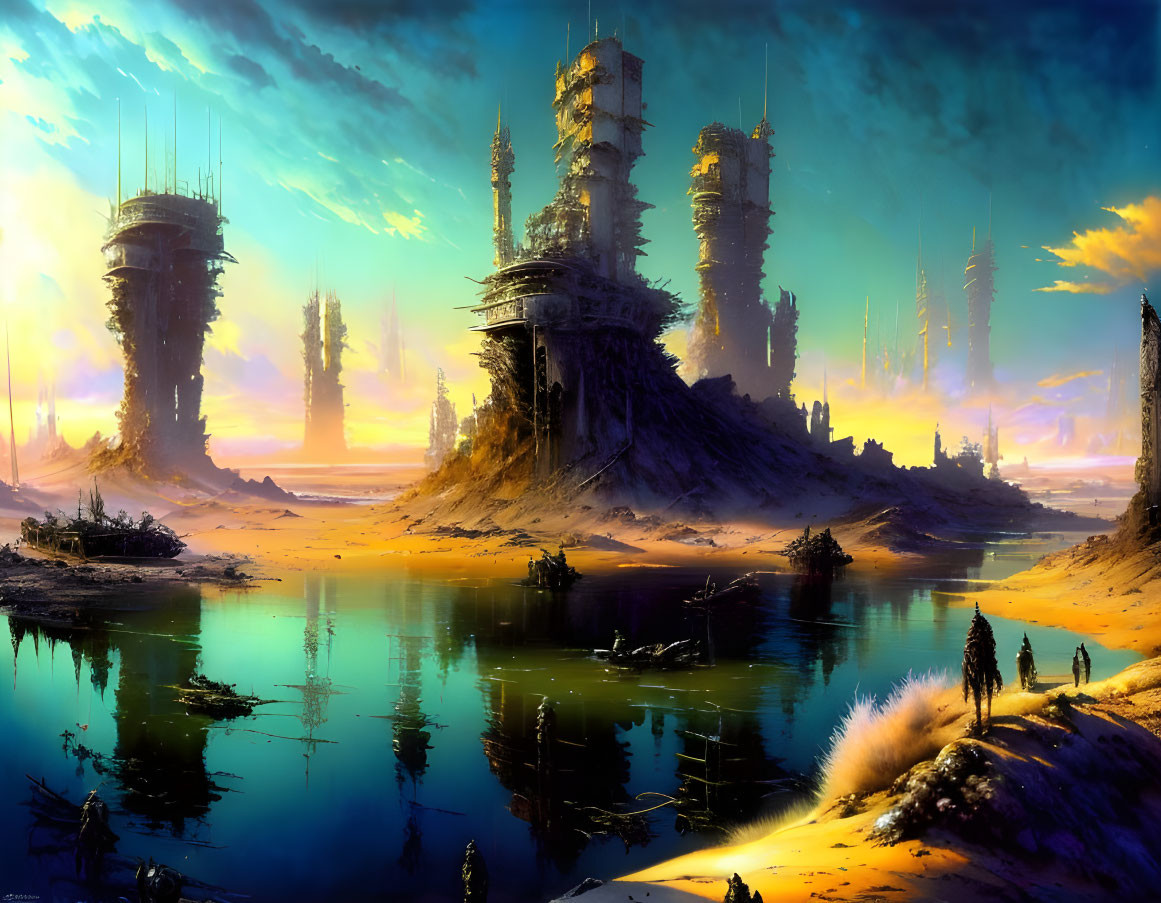 Futuristic sunset landscape with towering structures and silhouetted figures