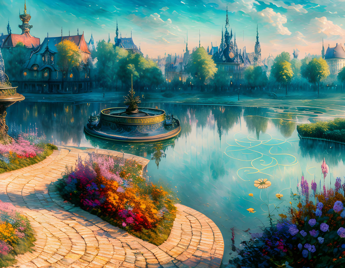 Fantasy landscape with cobblestone path, flowers, pond, fountain, and gothic buildings