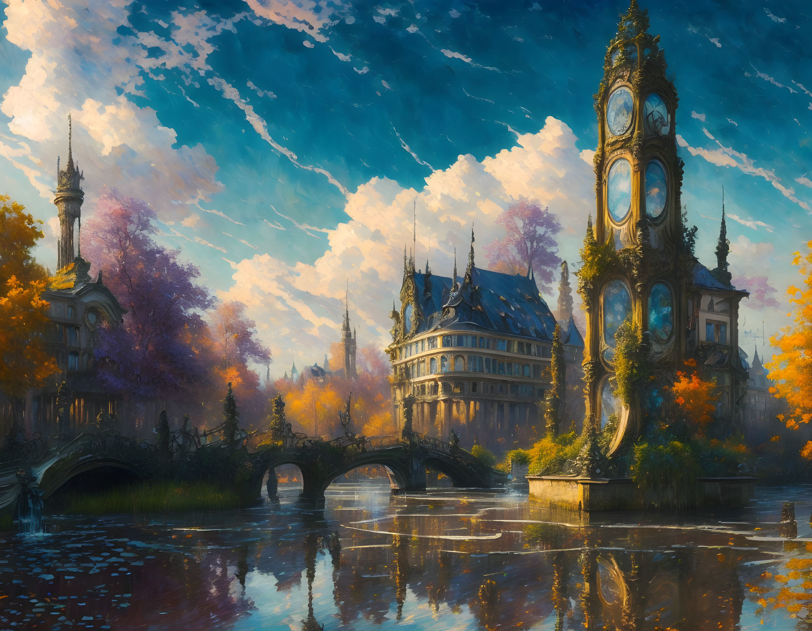 Fantasy landscape with clock tower, castle, bridge, autumn trees, warm sky