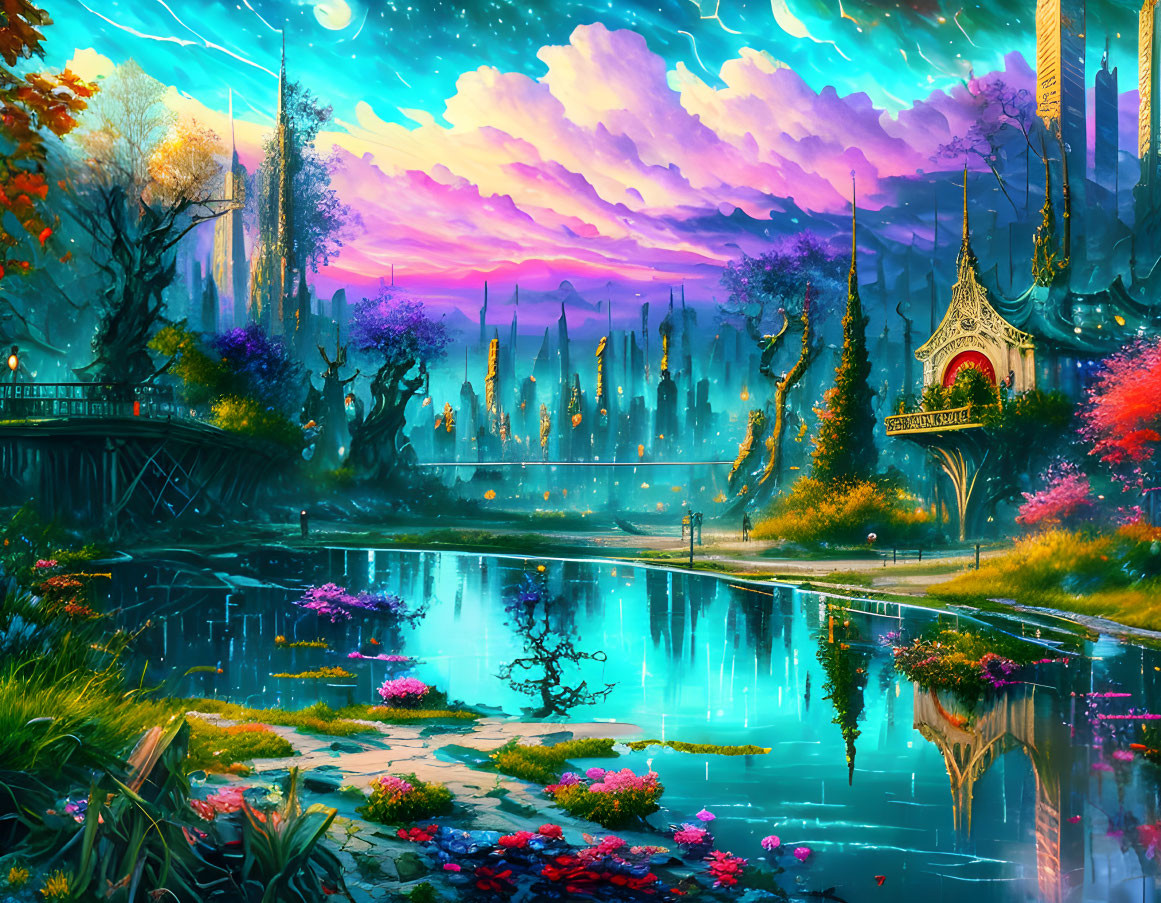 Colorful fantasy landscape with reflective lake, vibrant flora, ornate gazebo, and dreamlike sky