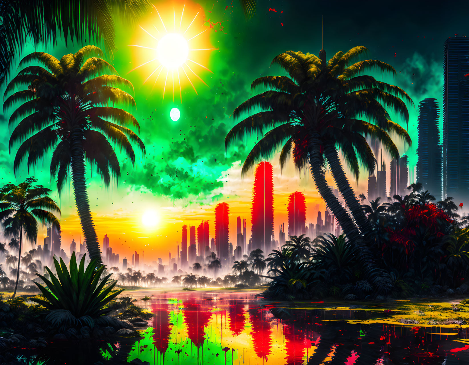 Tropical sunset landscape with palm trees, skyscrapers, water reflection