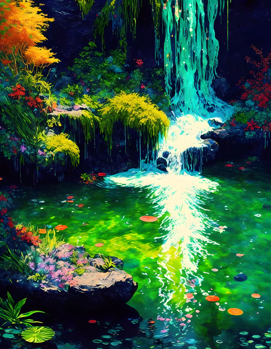 Colorful Garden with Waterfall and Lily Pad Pond