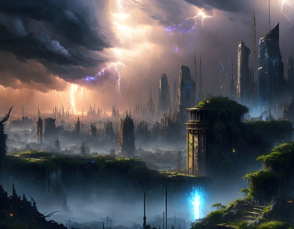 Futuristic cityscape with skyscrapers, ruins, and blue light under stormy sky