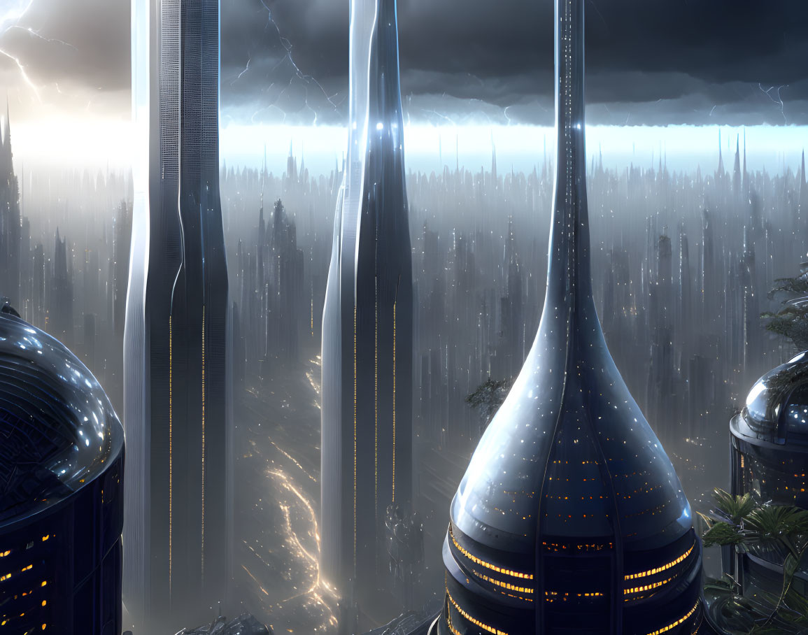 Futuristic cityscape with towering skyscrapers and stormy sky