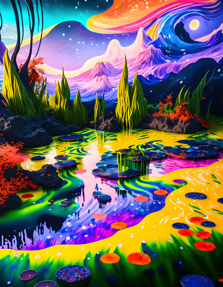 Colorful Psychedelic Landscape with Swirling Patterns & Reflecting Water