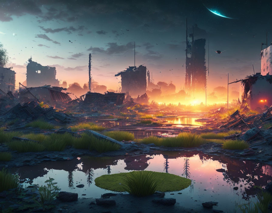 Post-apocalyptic sunrise with ruins, water reflections, lush grass, crescent moon