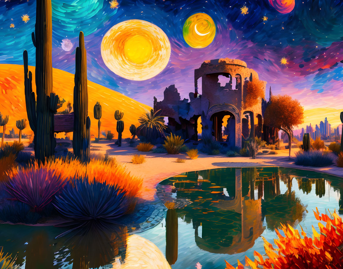 Colorful desert landscape with cacti, pond, ruins, and starry sky.