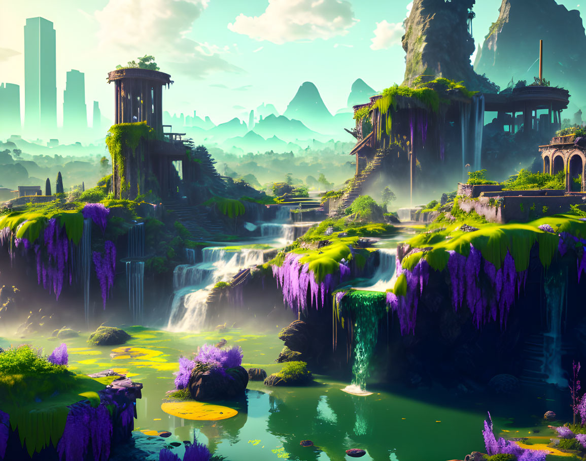 Vibrant fantasy landscape with greenery, purple flora, waterfalls, and ancient ruins