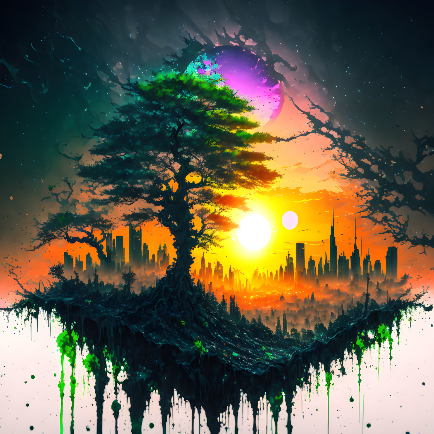 Ethereal floating island with lone tree and futuristic city skyline against cosmic sunset