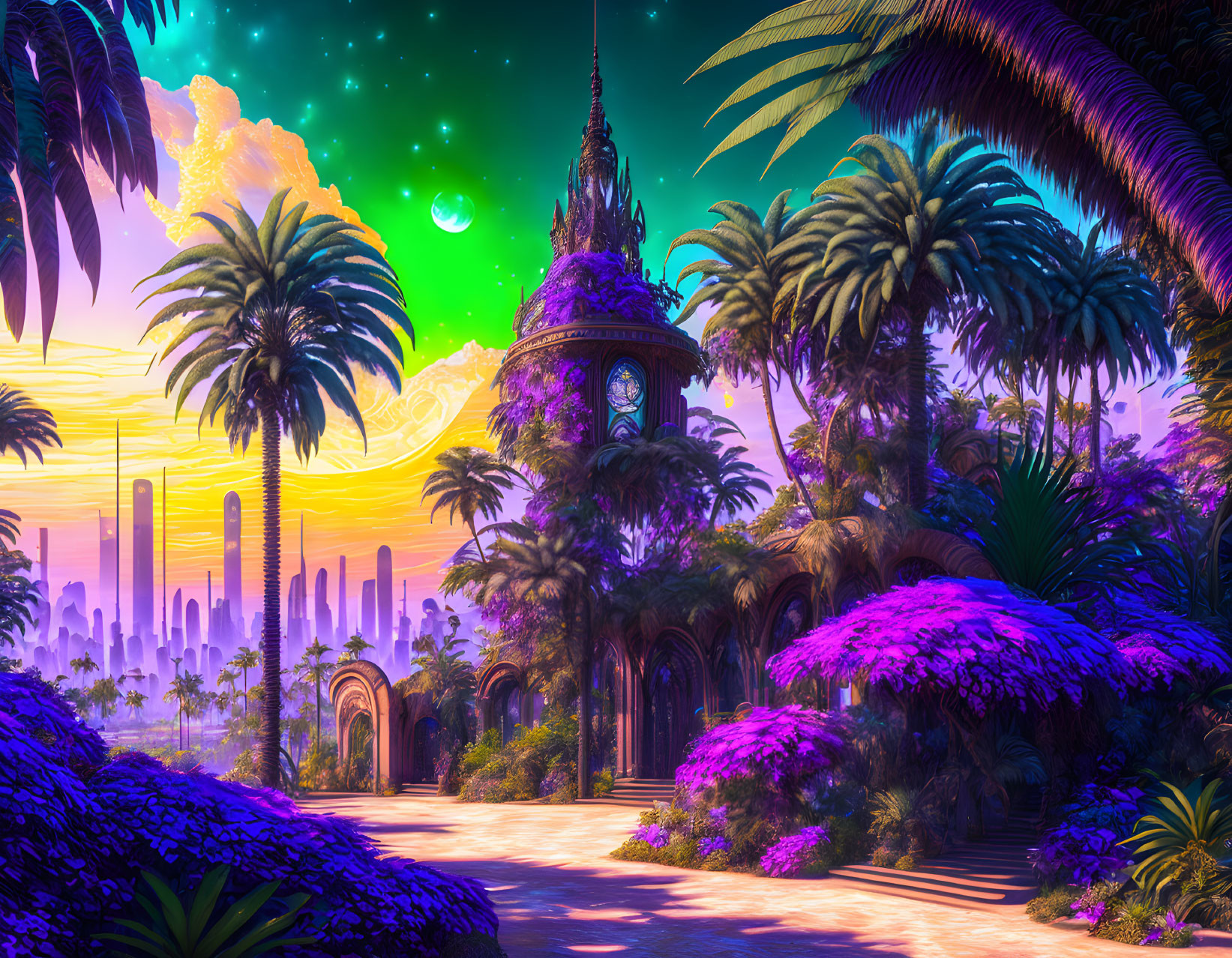 Fantasy landscape with ornate tower, purple foliage, palm trees, futuristic city skyline, under alien