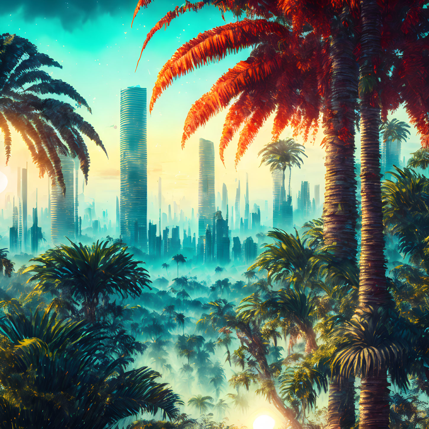 Futuristic cityscape with skyscrapers in tropical setting