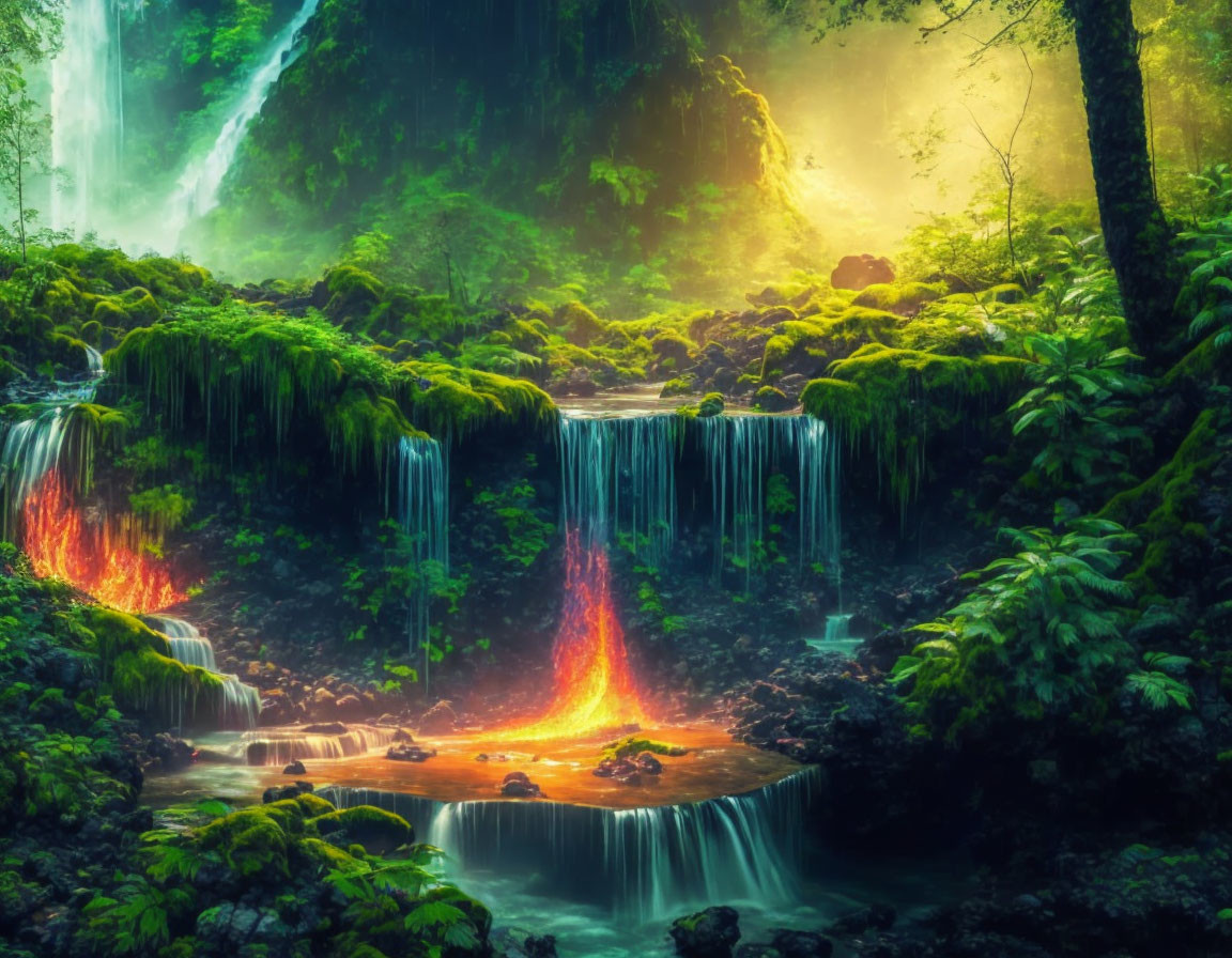 Mystical forest with lava flow, water pool, waterfalls, lush greenery, and golden