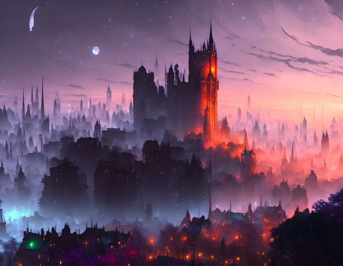 Gothic-style fantasy cityscape at dusk with crescent moon and colorful clouds