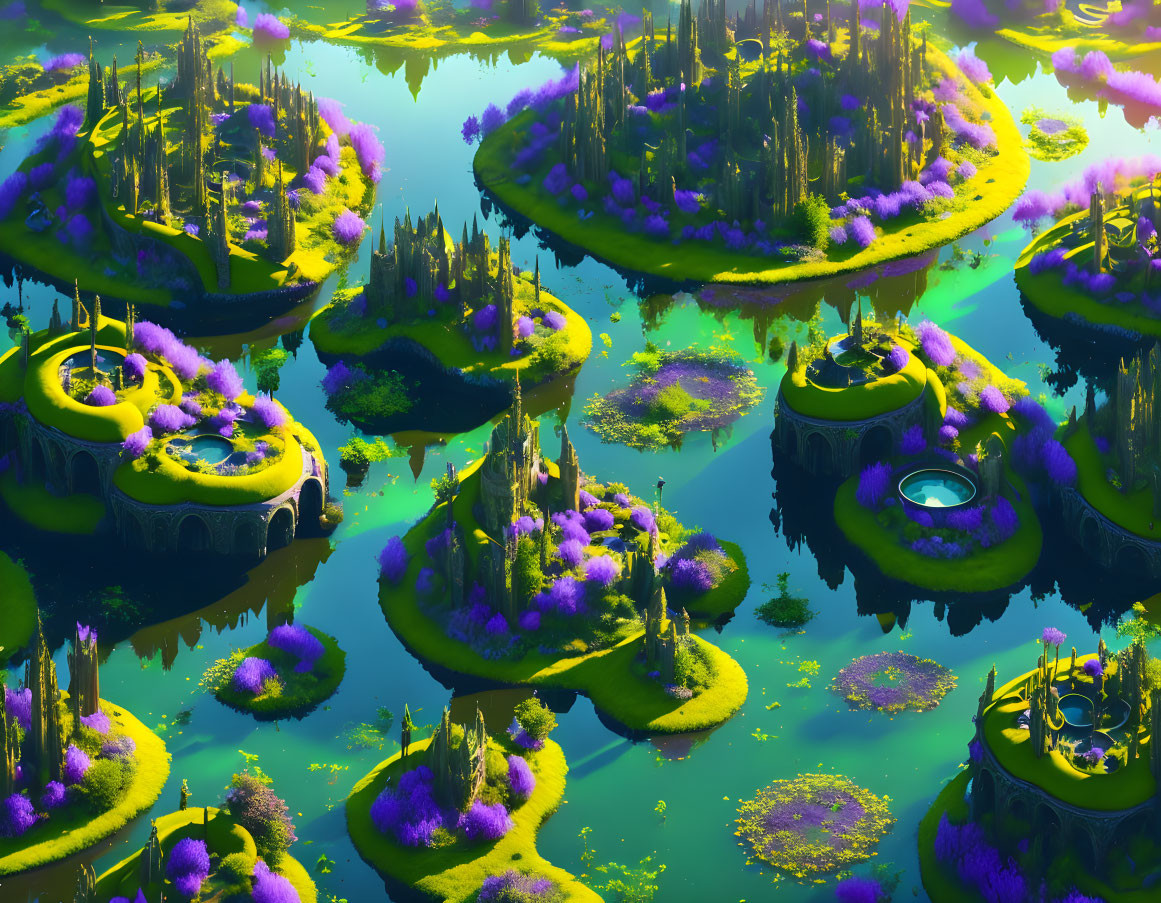 Colorful alien world with floating islands, glowing plants, and waterways