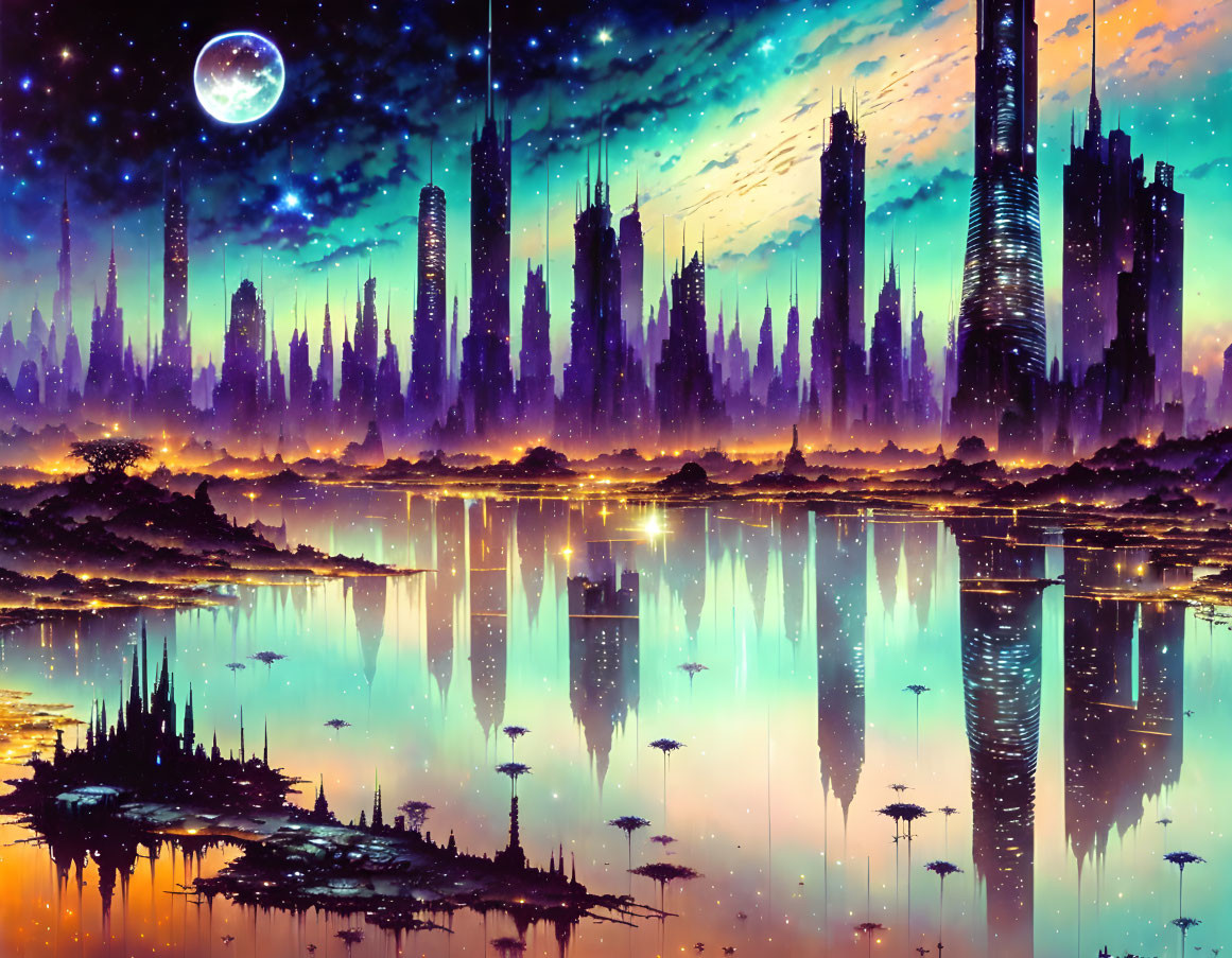 Futuristic cityscape with skyscrapers, moon, and starlit sky