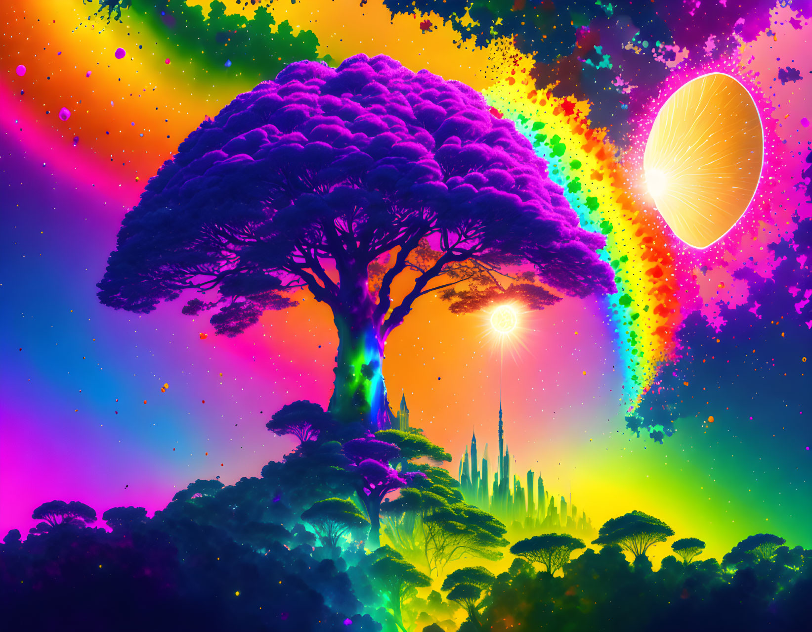 Surreal digital art: vibrant landscape with purple tree & colorful nebula sky