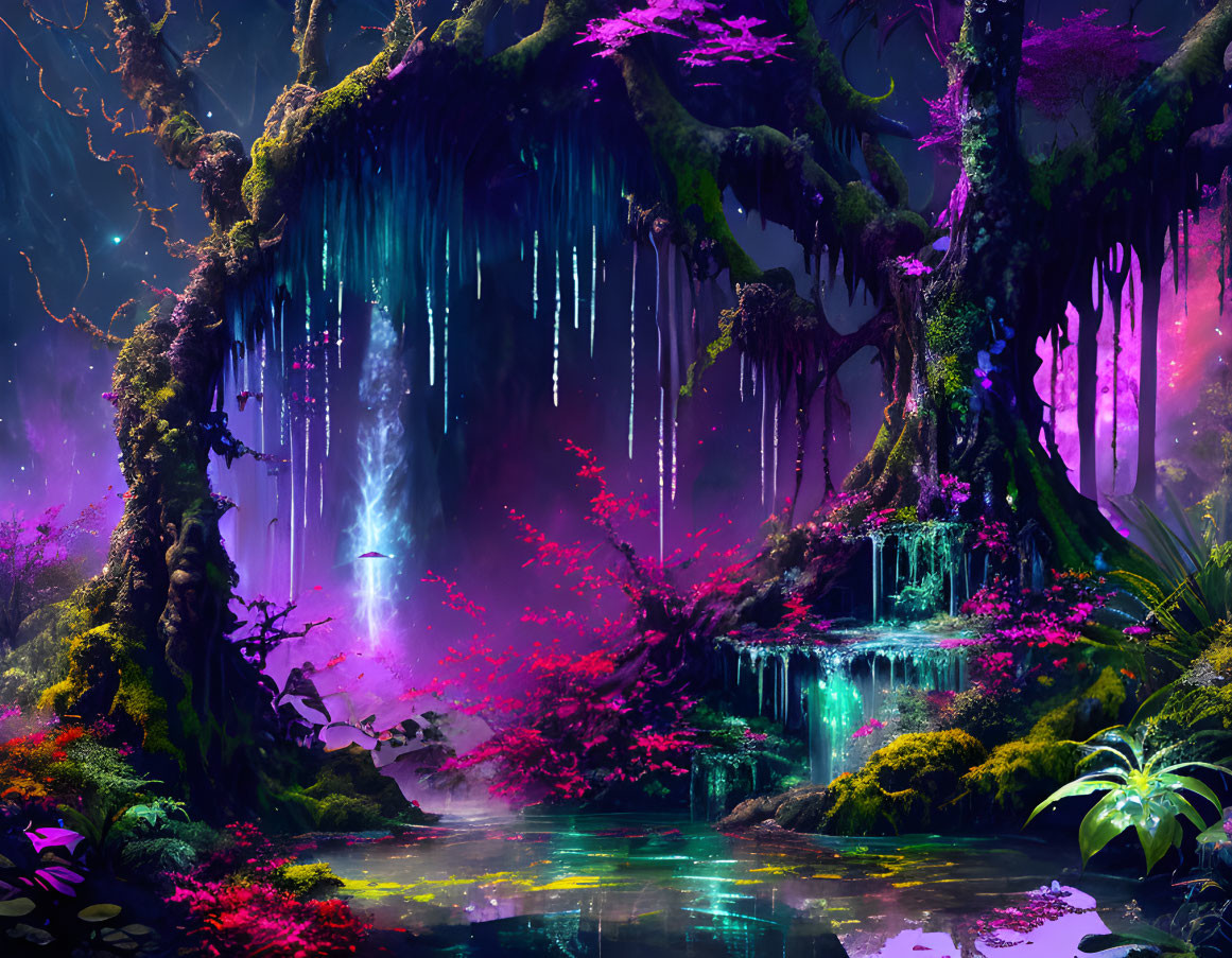 Fantasy forest with pink and purple hues and glowing flora