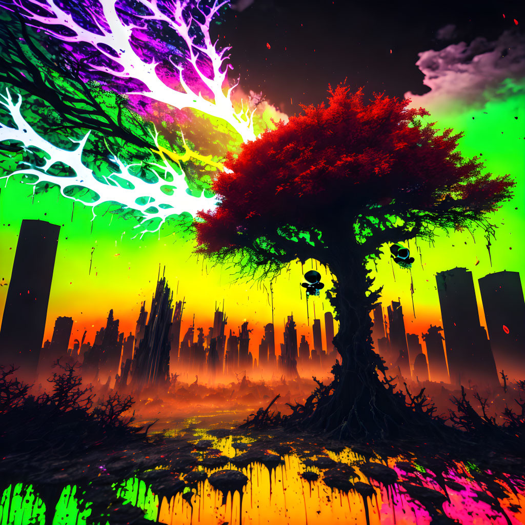 Colorful surreal landscape with vibrant tree and neon-lit city backdrop.